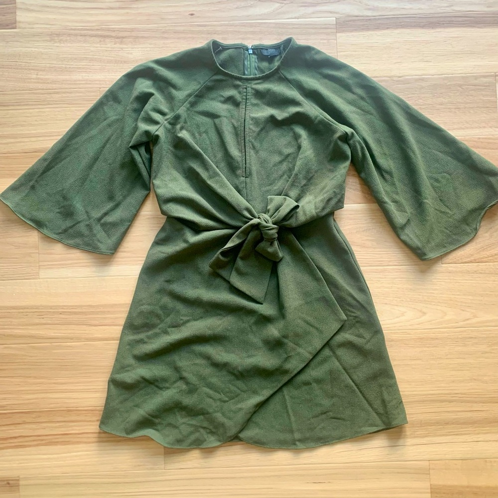 Topshop mini dress army green with front tie and 3/4 bell sleeves